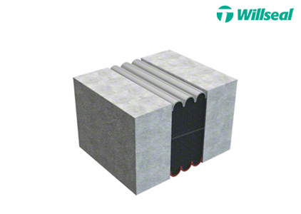 Willseal FR-H, fire-rated, pre-compressed, watertight, UV stable foam, with an integral smoke barrier within the foam body, sound-attenuating expansion joint with a pre-cured, traffic-rated factory-applied sealant applied to the face.